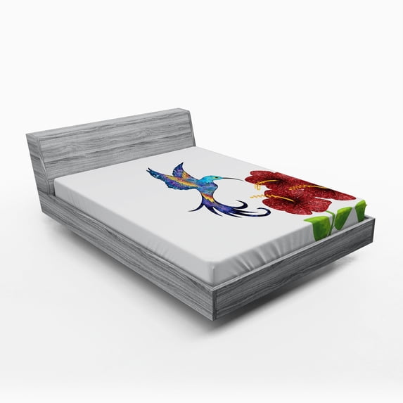 Ambesonne Hummingbird Fitted Sheet, Flower Gardenrt, Queen Size, Burgundy Green