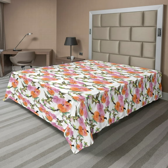 Ambesonne Hummingbird Flat Sheet, Blossoms on Branches, Queen Size, Multicolor