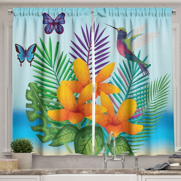 Ambesonne Hummingbird Kitchen Curtains, Tropical Plants Bird, 55"x45", Multicolor