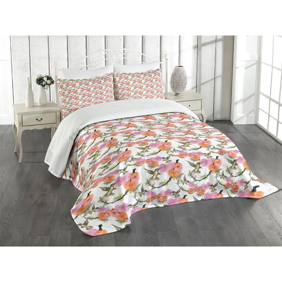 Ambesonne Hummingbird Quilted Bedspread Set 3 Pcs, Blossoms on Branches, Queen Size, Multicolor