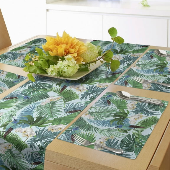 Ambesonne Hummingbird Table Runner & Placemats, Botanical Leaves Birds, Placemat 4 pcs + Runner 12"x72", Green Multicolor