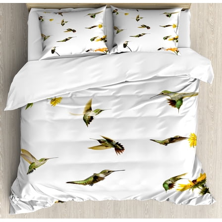 Ambesonne Hummingbirds Duvet Cover Sets, Hummingbird Sunflowers, 2-Queen, Green Yellow Beige