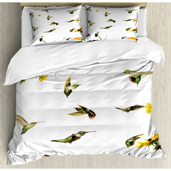 Ambesonne Hummingbirds Duvet Cover Sets, Hummingbird Sunflowers, 2-Queen, Green Yellow Beige