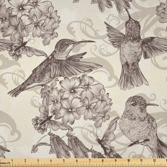 Ambesonne Hummingbirds Fabric by the Yard Microfiber, Old Birds and Flowers, 5 Yards, Cream Beige Brown