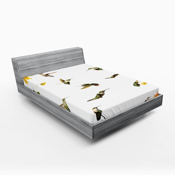 Ambesonne Hummingbirds Fitted Sheet, Hummingbird Sunflowers, Full Size, Green Yellow Beige