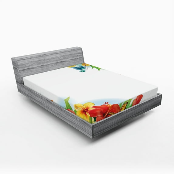 Ambesonne Hummingbirds Fitted Sheet, Tropic Flowers Leaves, Full Size, Multicolor