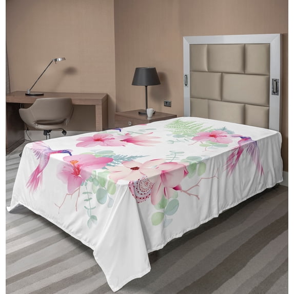 Ambesonne Hummingbirds Flat Sheet, Flowers Wild Nature, Twin Size, Pale Green and Pale Pink