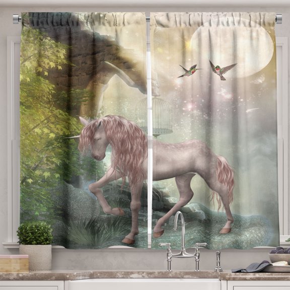 Ambesonne Hummingbirds Kitchen Curtains, Fantasy Leaves Birds, 55"x39", Multicolor
