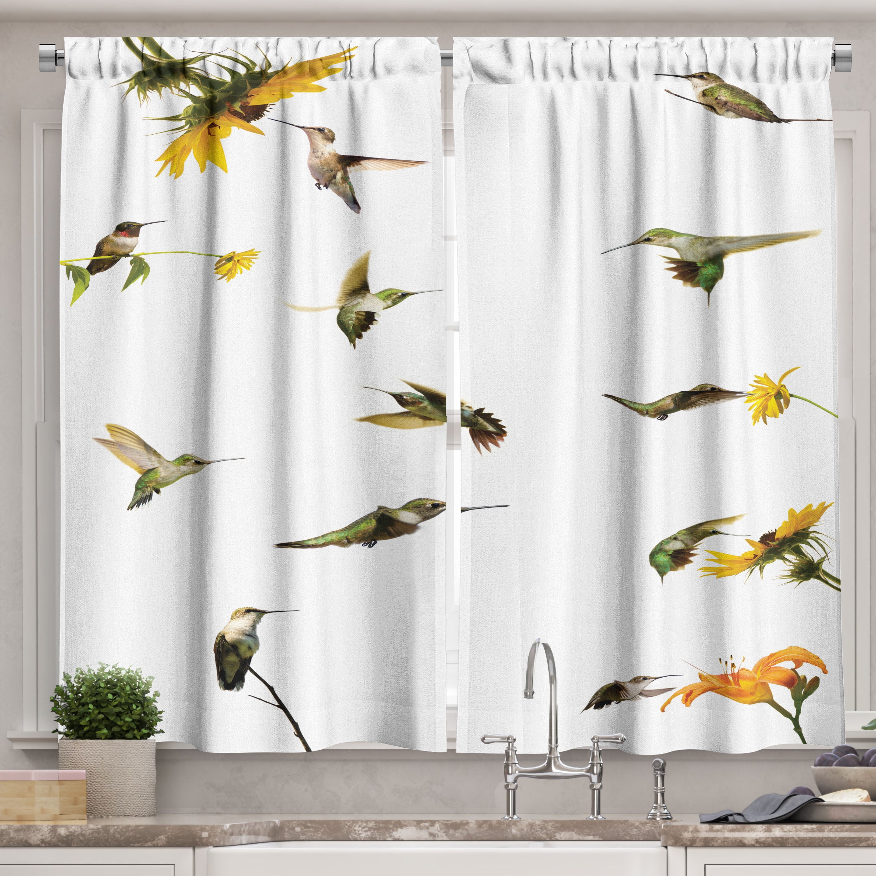 Ambesonne Hummingbirds Kitchen Curtains, Hummingbird Sunflowers, 55"x45", Green Yellow Beige