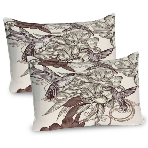 Ambesonne Hummingbirds Pillow Sham 2 Pack, Bird Flowers Pattern, 36"x20", Ivory Brown