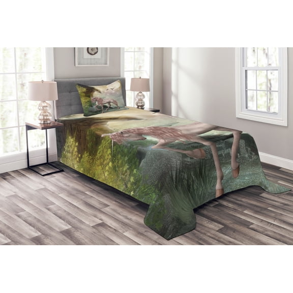 Ambesonne Hummingbirds Quilted Bedspread Set 2 Pcs, Fantasy Leaves Birds, Twin Size, Multicolor