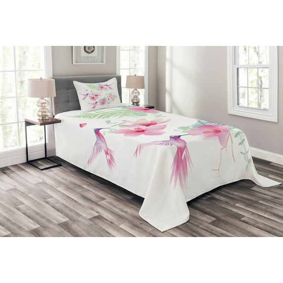 Ambesonne Hummingbirds Quilted Bedspread Set 2 Pcs, Flowers Wild Nature, Twin Size, Pale Green and Pale Pink