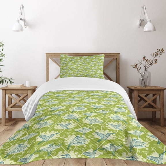 Ambesonne Hummingbirds Quilted Bedspread Set 2 Pcs, Garden Hummingbird, Twin Size, Lime Green Blue Cream