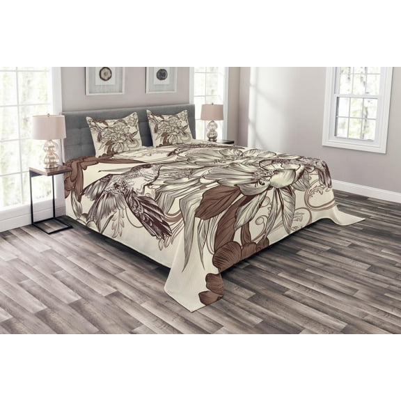 Ambesonne Hummingbirds Quilted Bedspread Set 3 Pcs, Bird Flowers Pattern, King Size, Ivory Brown