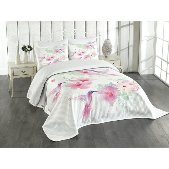 Ambesonne Hummingbirds Quilted Bedspread Set 3 Pcs, Flowers Wild Nature, King Size, Pale Green and Pale Pink
