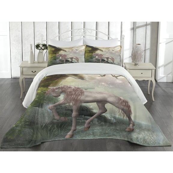 Ambesonne Hummingbirds Quilted Coverlet 3 Pcs, Fantasy Leaves Birds, Queen Size, Multicolor