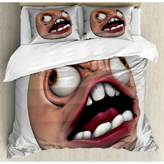Ambesonne Humor Duvet Cover Sets, Angry Rage Meme Guy Fun, 2-Queen, Coral and Pearl