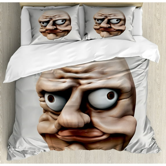 Ambesonne Humor Duvet Cover Sets, Grumpy Internet Troll, 2-Queen, Eggshell and Tan