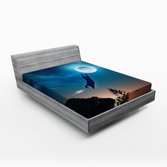 Ambesonne Humor Fitted Sheet, Cat Catching Moon Stars, Queen Size, Blue Magenta