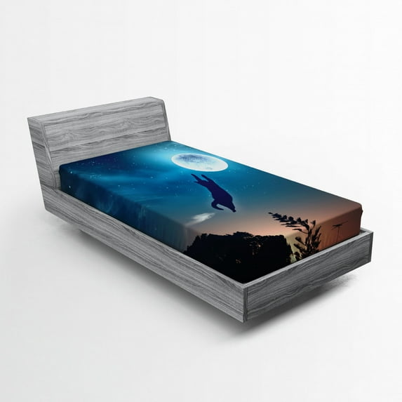 Ambesonne Humor Fitted Sheet, Cat Catching Moon Stars, Twin XL Size, Blue Magenta