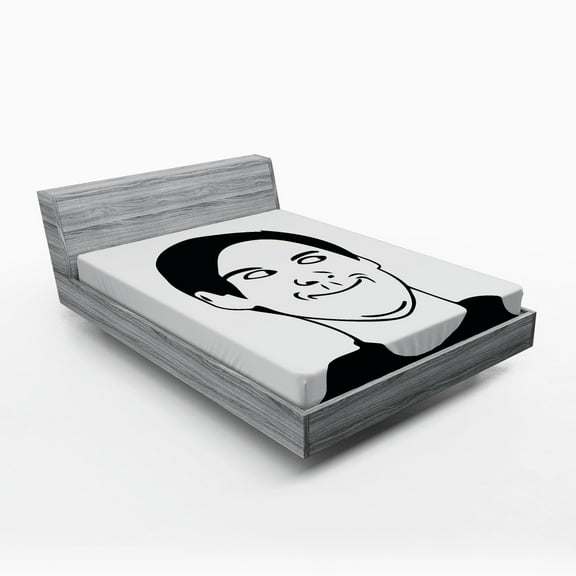 Ambesonne Humor Fitted Sheet, Oh Crap Troll Face Guy, Queen Size, Black and White