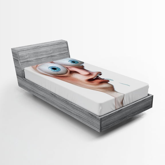 Ambesonne Humor Fitted Sheet, Stupid Derp Human Comics, Twin Size, Peach and Blue