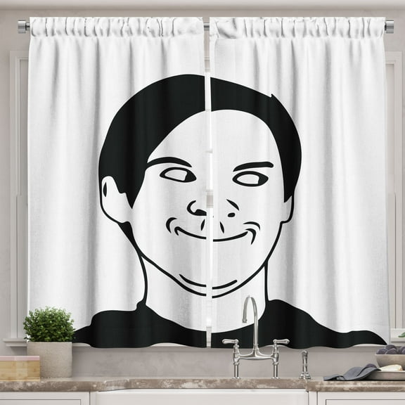 Ambesonne Humor Kitchen Curtains, Oh Crap Troll Face Guy, 55"x39", Black and White