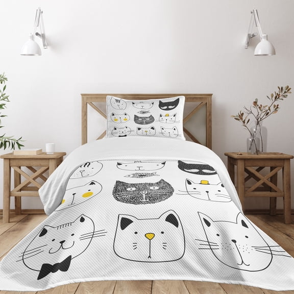 Ambesonne Humor Quilted Bedspread Set 2 Pcs, Cats with Fish, Twin Size, Yellow Grey
