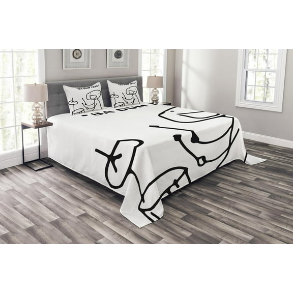 Ambesonne Humor Quilted Bedspread Set 3 Pcs, Badumts Drum Meme Comics, King Size, Black and White