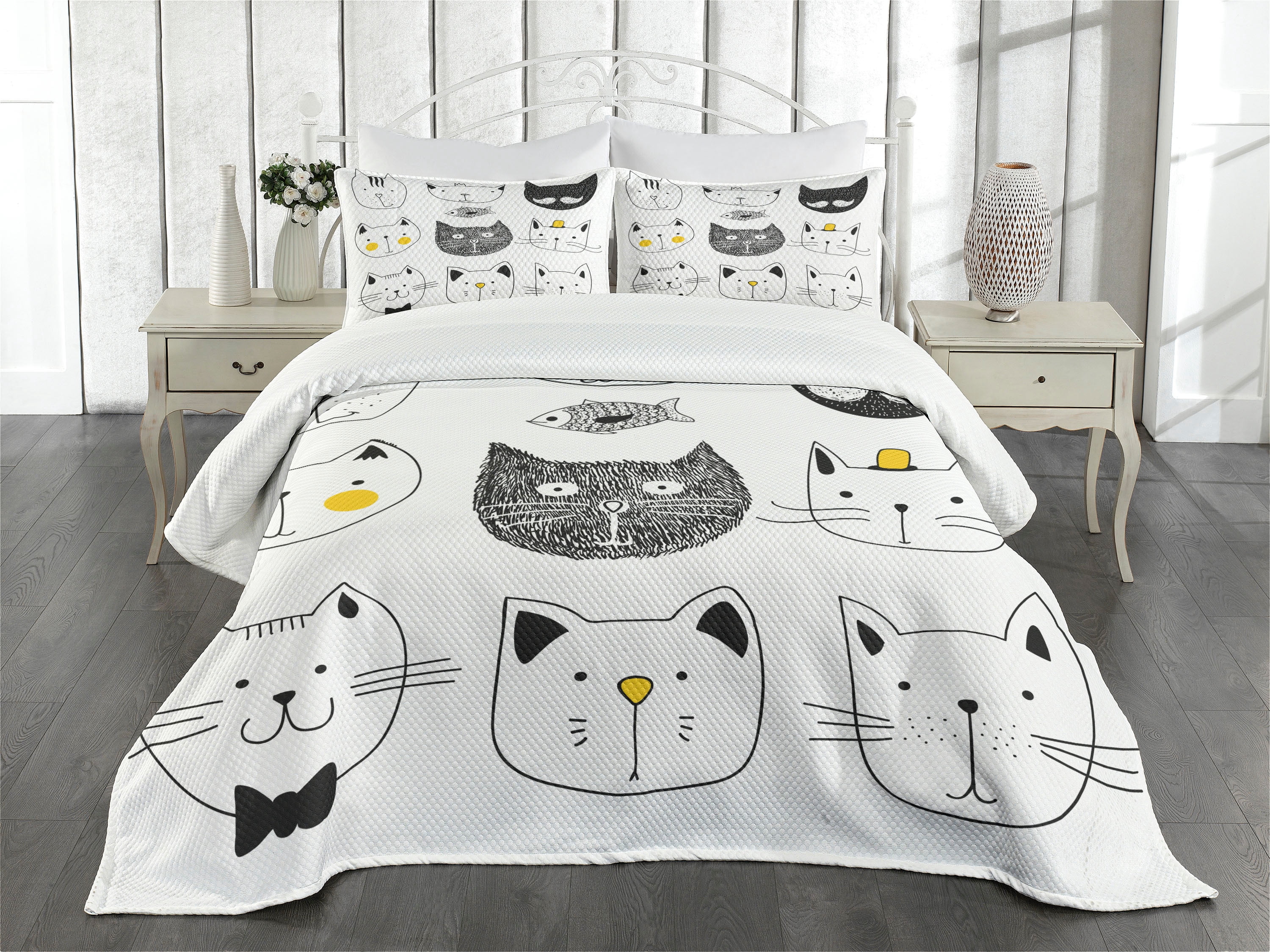 Fish Bedspread Ambesonne Humor Quilted Bedspread Set 3 Pcs, Cats with Fish, King Size ...