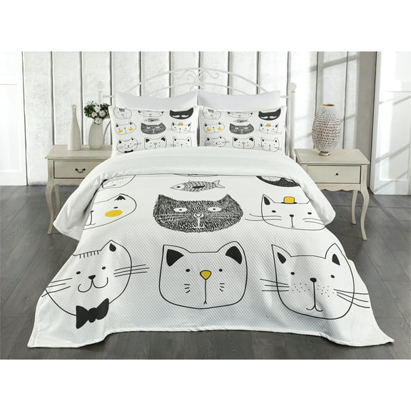 Ambesonne Humor Quilted Bedspread Set 3 Pcs, Cats with Fish, King Size, Yellow Grey