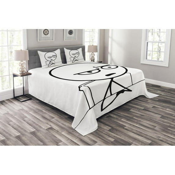 Ambesonne Humor Quilted Bedspread Set 3 Pcs, So What Guy Meme Face, Queen Size, Black and White