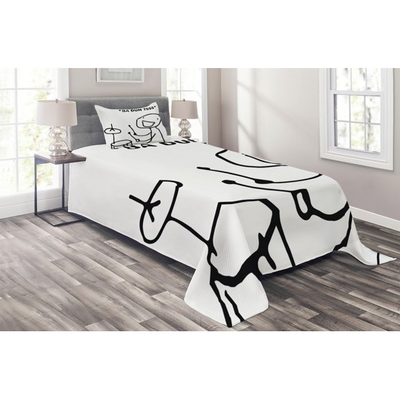 Ambesonne Humor Quilted Coverlet 2 Pcs, Badumts Drum Meme Comics, Twin Size, Black and White