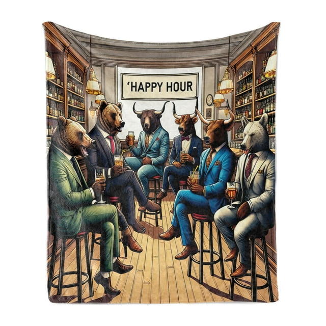 Ambesonne Humorous Fleece Throw Blanket Happy Hour Bulls and Bears 60"x80" Sand Brown Multicolor