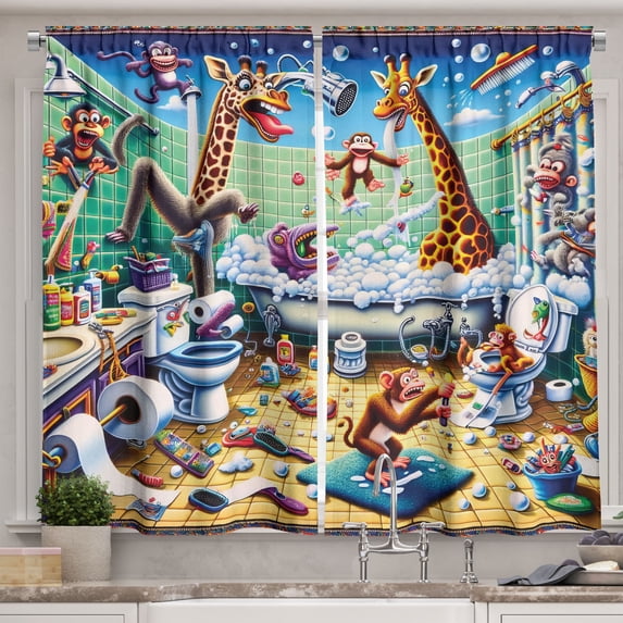 Ambesonne Humorous Kitchen Curtains, Funny Chaos Bath Animals, 55"x30", Sea Green Blue and Mustard