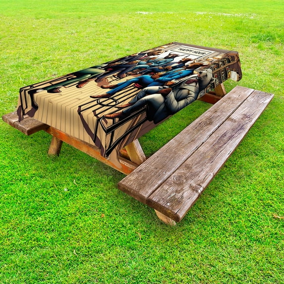 Ambesonne Humorous Outdoor Tablecloth, Happy Hour Bulls and Bears, 58"x120", Sand Brown Multicolor