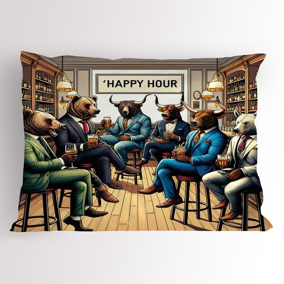 Ambesonne Humorous Pillow Sham, Happy Hour Bulls and Bears, 26" X 20", Sand Brown Multicolor