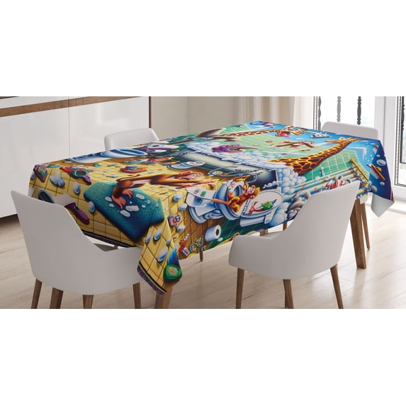 Ambesonne Humorous Tablecloth Rectangular Table Cover, Funny Chaos Bath Animals, 52"x70", Sea Green Blue and Mustard