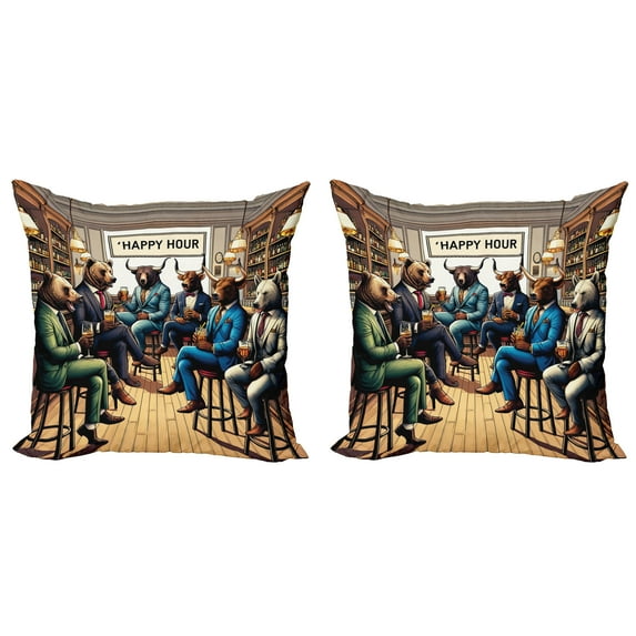 Ambesonne Humorous Throw Pillow Cover 2 Pack, Happy Hour Bulls and Bears, 16", Sand Brown Multicolor