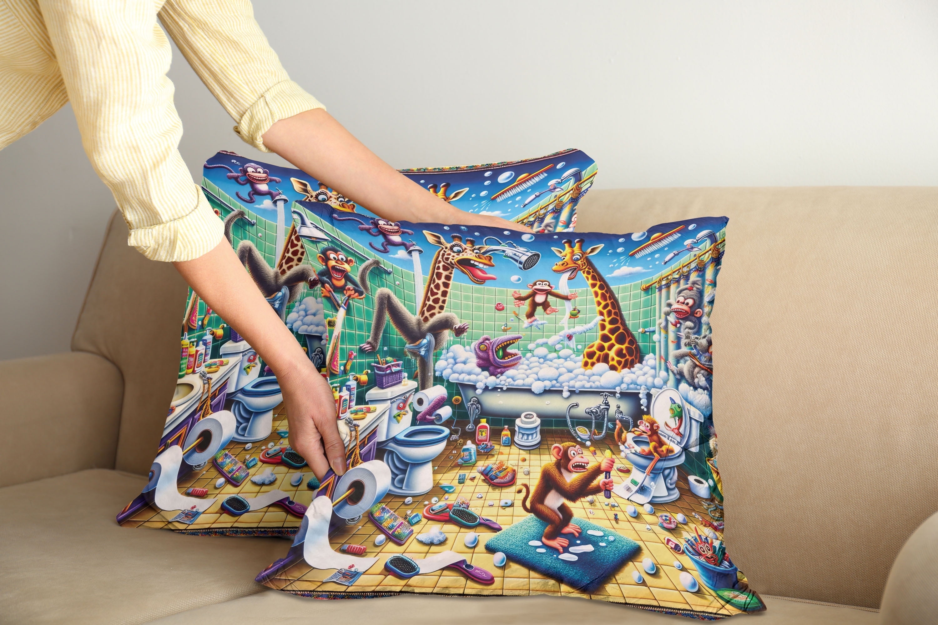 Sea Green Blue and Mustard Polyester Animal Print Pillow Covers