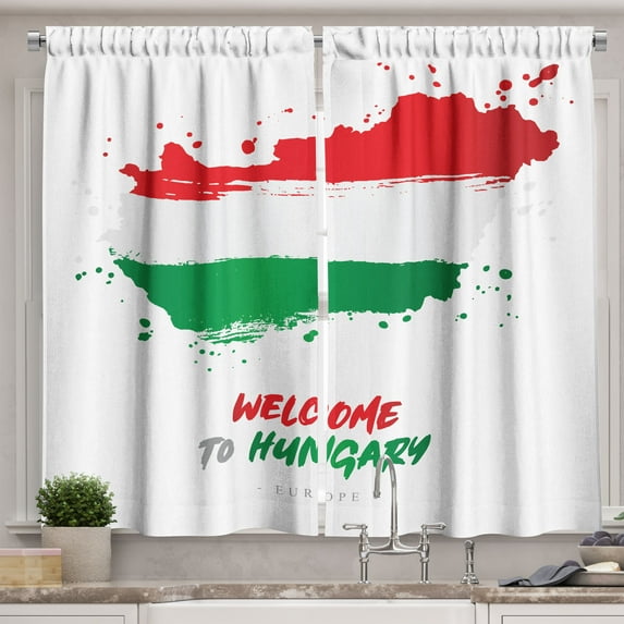 Ambesonne Hungary Kitchen Curtains, Welcome to Hungary Strokes, 55"x45", Green Red and White