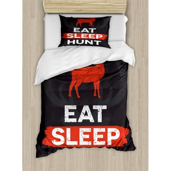 Ambesonne Hunting Duvet Cover Sets, Eat Sleep Hunt, 2-Twin, Scarlet Eggplant White
