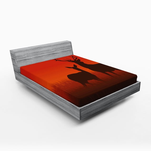 Ambesonne Hunting Fitted Sheet 2 Pcs Set, Deer Doe Autumn, Queen, Multicolor