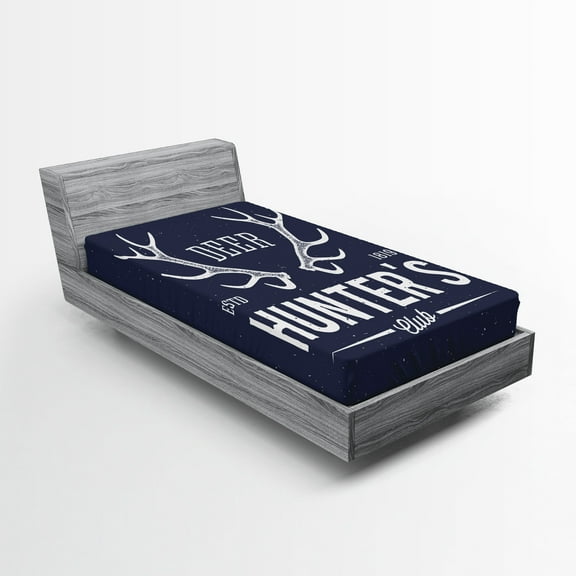 Ambesonne Hunting Fitted Sheet, Deer Hunter Club, Twin Size, Navy Blue White