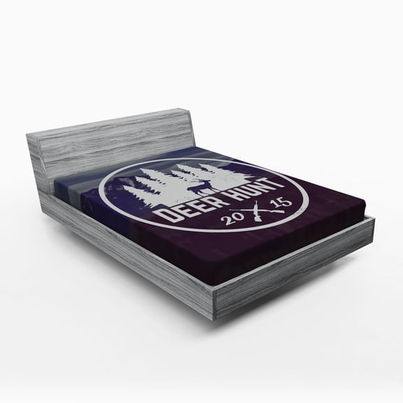 Ambesonne Hunting Fitted Sheet, Emblem Antler, Full Size, Brown Blue and White