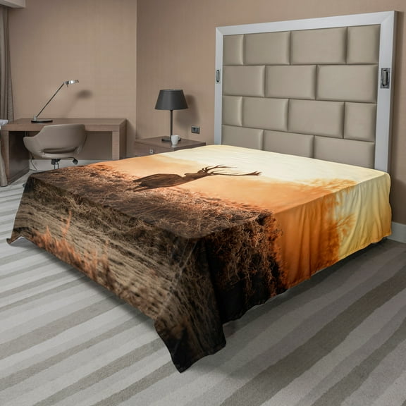 Ambesonne Hunting Flat Sheet, Deer Morning Sun, Full Size, Brown Orange