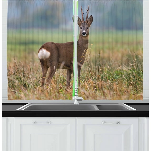 Ambesonne Hunting Kitchen Curtains, Deer Wildlife, 55"x39", Multicolor