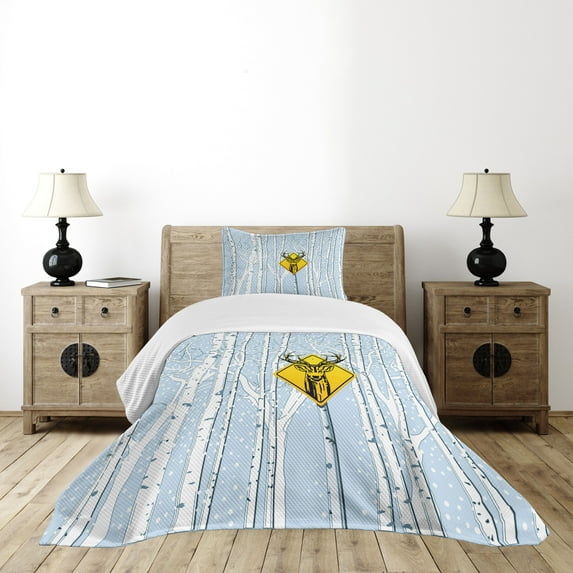 Ambesonne Hunting Quilted Bedspread Set 2 Pcs, Attention Deer, Twin Size, Multicolor