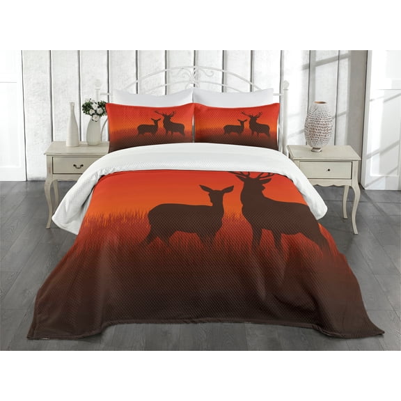 Ambesonne Hunting Quilted Bedspread Set 3 Pcs, Deer Doe Autumn, Queen Size, Multicolor