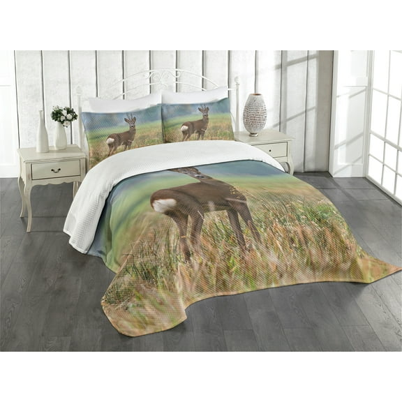 Ambesonne Hunting Quilted Bedspread Set 3 Pcs, Deer Wildlife, King Size, Multicolor